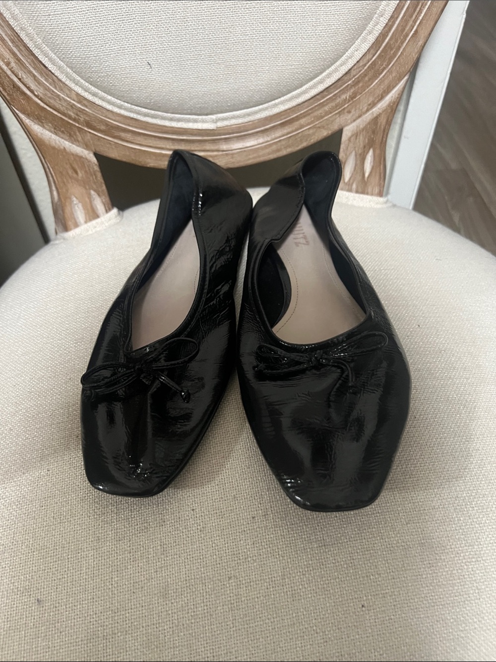 SCHUTZ Black Patent Square-Toe Ballet Flats
